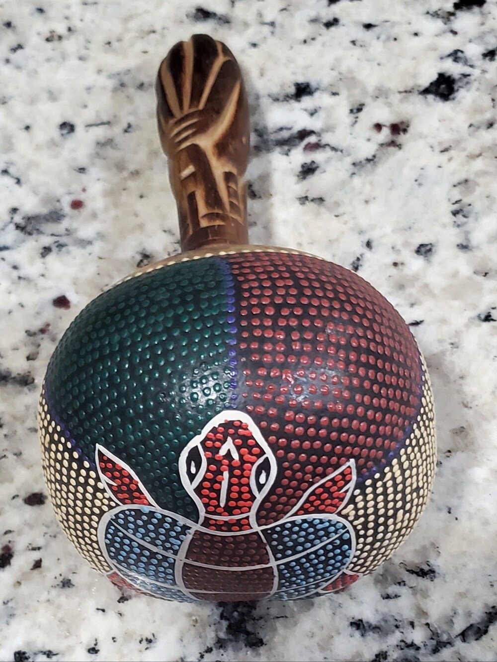 Rare Tribal Carved Handle Gourd Maraca - Hand Painted Dot Art Turtle Shaker